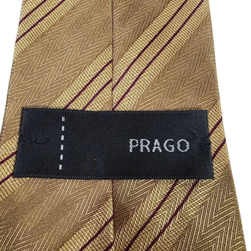 PRAGO Silk Striped Necktie Gold Burgundy Classic Formal Business Luxury Designer